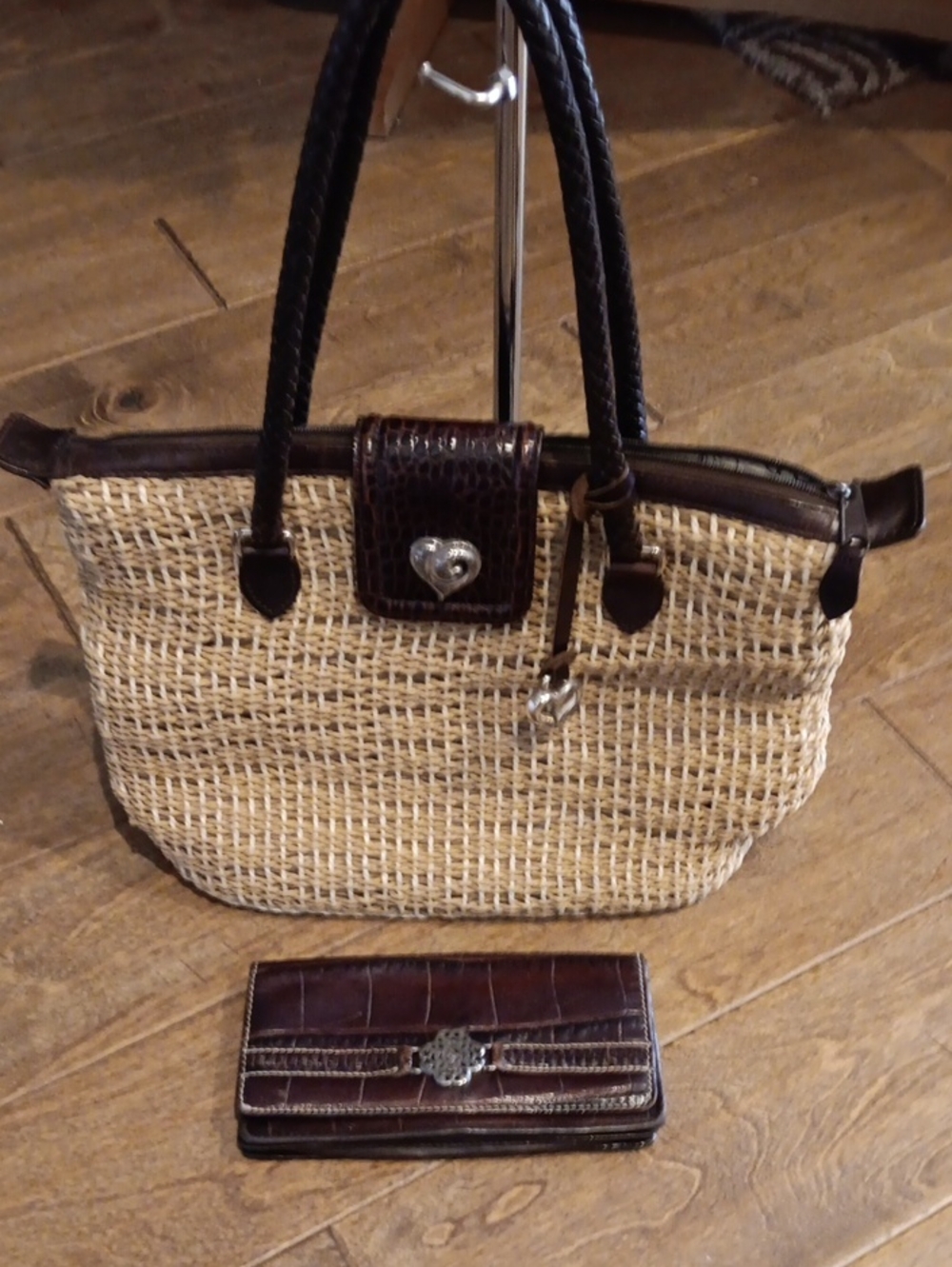 Brighton Belinda Natural Straw Tote with Brown Leather /Wallet bundle